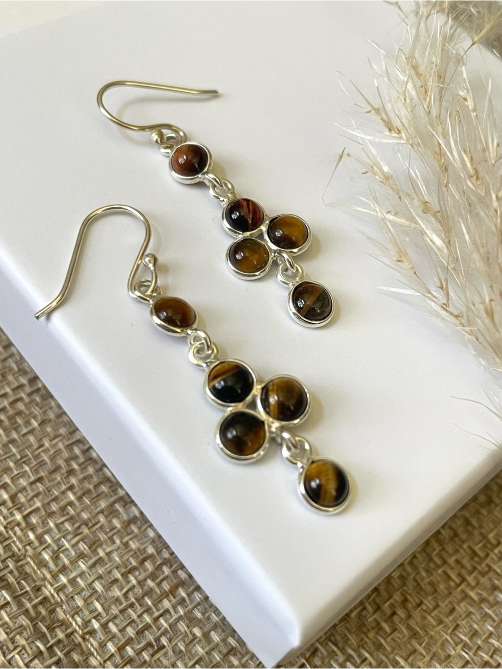 Tigers Eye Dangle Earrings in 925 Sterling Silver, length: 1.75 inches